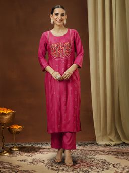 Janasya - Women's Pink Silk Blend Embroidered Straight Kurta and Pant