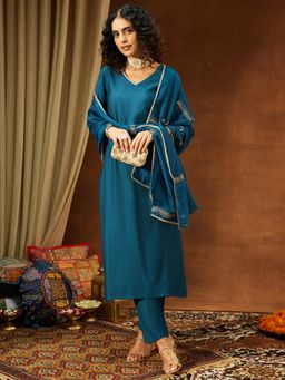 Janasya - Women's Teal Blue Silk Blend Straight Kurta and Pant with Dupatta