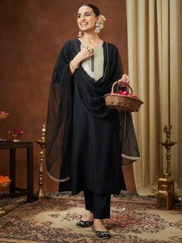 Janasya - Women's Black Silk Blend Embellished Straight Kurta and Pant with Dupatta