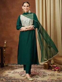 Janasya - Women's Bottle Green Silk Blend Embellished Straight Kurta and Pant with Dupatta
