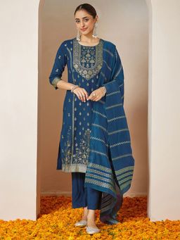 Janasya - Women's Teal Blue Silk Blend Foil Printed Straight Kurta and Pant with Dupatta