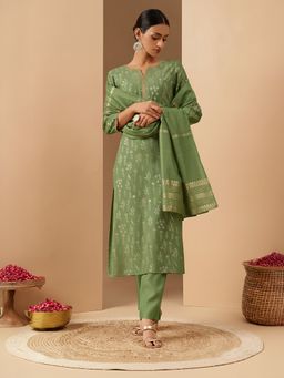 Janasya - Women's Mint Green Silk Blend Gold Printed Straight Kurta and Pant with Dupatta