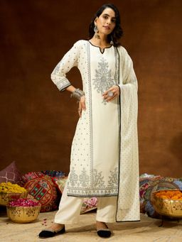 Janasya - Women's White Silk Blend Ethnic Printed Straight Kurta and Pant with Dupatta