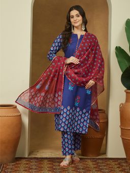 Janasya - Women's Blue Cotton Blend Printed Straight Kurta and Pant with Dupatta