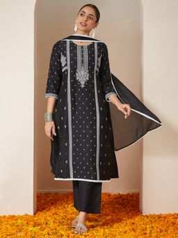 Janasya - Women's Black Silk Blend Ethnic Printed Straight Kurta and Pant with Dupatta