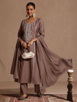 Janasya - Women's Mauve Silk Blend Embroidered Straight Kurta and Pant with Dupatta