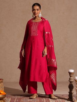 Janasya - Women's Pink Silk Blend Embroidered Straight Kurta and Pant with Dupatta