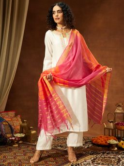 Janasya - Women's Off White Silk Blend Straight Kurta and Pant with Dupatta