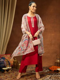 Janasya - Women's Red Silk Blend Straight Kurta and Pant with Dupatta