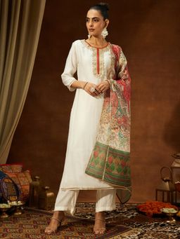 Janasya - Women's Off White Silk Blend Straight Kurta and Pant with Dupatta