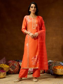 Janasya - Women's Orange Cotton Blend Straight Kurta and Pant with Dupatta