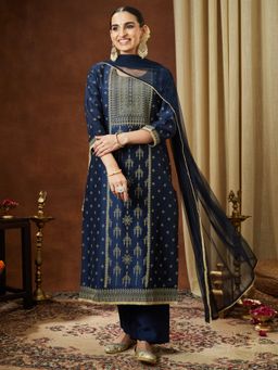 Janasya - Women's Navy Blue Silk Blend Ethnic Printed Straight Kurta and Pant with Dupatta
