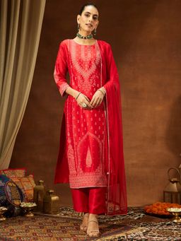 Janasya - Women's Red Silk Blend Ethnic Printed Straight Kurta and Pant with Dupatta