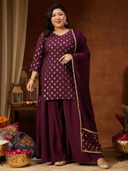 Janasya - Women's Plus Size Wine Chander Silk Printed Straight Kurta and Palazzo with Dupatta