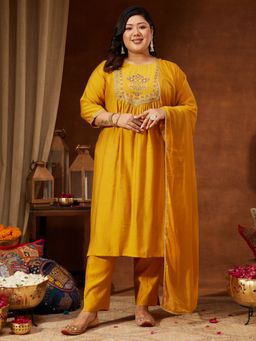 Janasya - Women's Plus Size Mustard Silk Blend Embroidered Straight Kurta and Pant with Dupatta