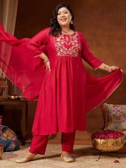 Janasya - Women's Plus Size Pink Silk Blend Yoke Embroidered A-Line Kurta and Pant with Dupatta