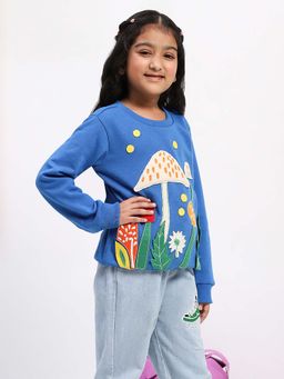 Spunkies - Cotton Fleece Knit Padded Mushroom Embroidered Blue Girls Sweatshirt