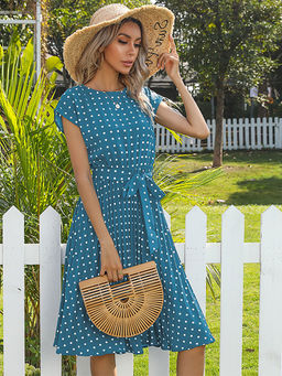 PARTIQ - Blue Polka Dots Printed Knee Length Dress