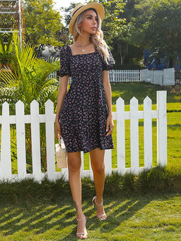 PARTIQ - Black Floral Printed Mini Dress