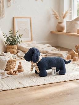 PLUCHI - Bruno Dog Cotton Knitted Stuffed Rattle Soft Toy (Blue) (1-2 Years)