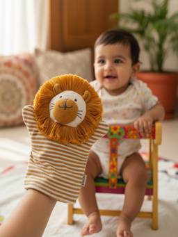 PLUCHI - Lion Hand Puppet Cotton Knitted Stuffed Soft Toy (Mustard) (1-2 Years)