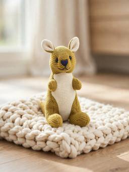 PLUCHI - Doodle Kangaroo Rattle Cotton Knitted Stuffed Soft Toy - Mustard (1-2 Years)