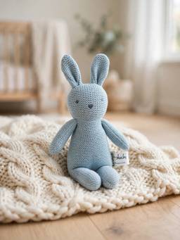 PLUCHI - Snow Drop Bunny Rattle Cotton Knitted Stuffed Soft Toy - Blue (1-2 Years)