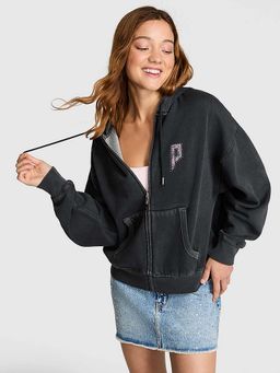 Victoria's Secret - Pink Ivy Fleece Campus Full-Zip Black Hoodie