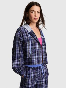 Victoria's Secret - Pink Flannel Hooded Long- Sleeve Blue Hoodie