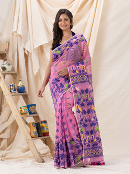 Angoshobha - Traditional Pink Soft Dhakai Jamdani Saree with Unstitched Blouse