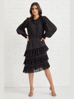 BOHO-CHIC By Sukriti Jain - Black Hand Embellished Asymmetrical Pleated Ruffle Dress