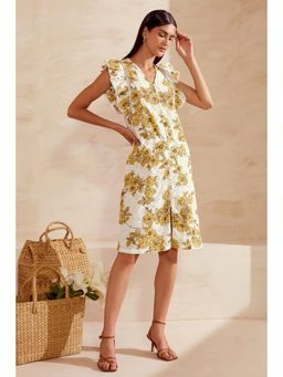 BOHO-CHIC By Sukriti Jain - Yellow Floral Eyelet Lace Knee Length Dress