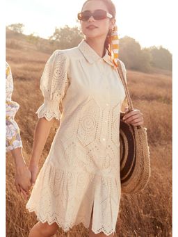 BOHO-CHIC By Sukriti Jain - Cream Classic Broderie Embroidered Shirt Dress