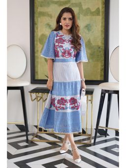 BOHO-CHIC By Sukriti Jain - Aqua Floral Embroidered and Broderie Midi Dress