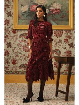 BOHO-CHIC By Sukriti Jain - Burgundy Glimmering Cutwork Applique Midi Dress