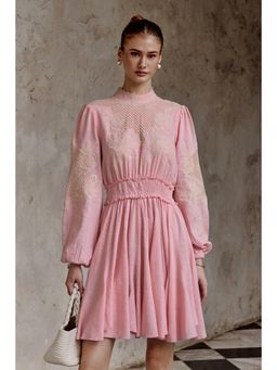 BOHO-CHIC By Sukriti Jain - Pink Pastel Hue Delicate Cutwork Embroidered Flowers Dress