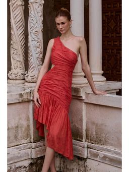 BOHO-CHIC By Sukriti Jain - Red All Over Cross Stich Embroidered One Shoulder Dress