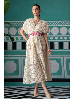 BOHO-CHIC By Sukriti Jain - Cream Enchanted Embroidered Broderie Cream Midi Dress