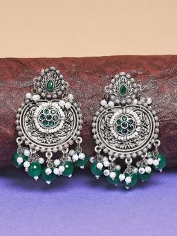OOMPH - Jewellery Oxidised Silver Green Stone & Pearl Beads Floral Ethnic Drop Earrings