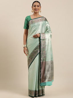 Banarasi Silk Works - Blue Kanchi Silk Zari Jamawar Border Saree with Unstitched Blouse