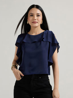 Twenty Dresses by Nykaa Fashion - Navy Blue Satin Solid Short Sleeves Ruffled Top