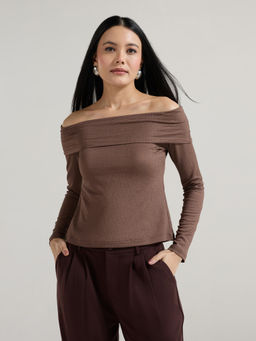 Twenty Dresses by Nykaa Fashion - Brown Off Shoulder Full Sleeves Textured Top