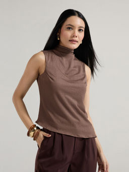 Twenty Dresses by Nykaa Fashion - Brown Asymmetrical Turtle Neck Sleeveless Top