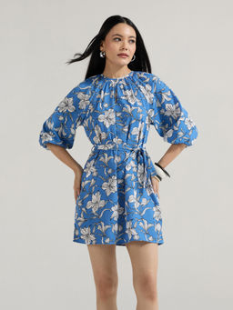 Twenty Dresses by Nykaa Fashion - Blue Round Neck Puffed Sleeves Mini Dress With Belt
