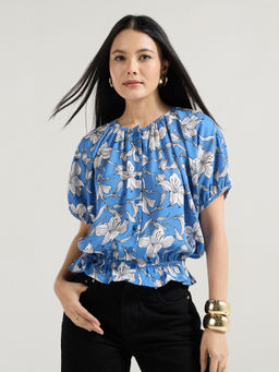 Twenty Dresses by Nykaa Fashion - Blue Round Neck Puffed Sleeves Front Placket Top