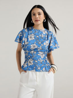 Twenty Dresses by Nykaa Fashion - Blue Floral Flared Sleeves Blouson Top