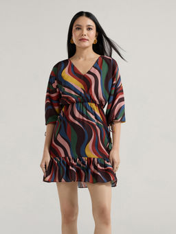 Twenty Dresses by Nykaa Fashion - Multi-Color V Neck Puff Sleeves Mini Dress