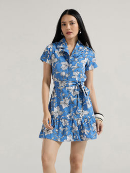 Twenty Dresses by Nykaa Fashion - Blue Floral Notched Lapel Mini Dress With Belt