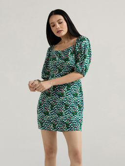 Twenty Dresses by Nykaa Fashion - Green Square Neck Puff Sleeves Mini Dress