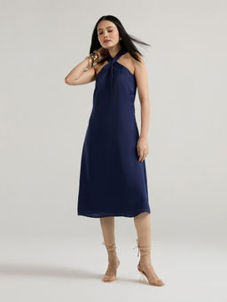 Twenty Dresses by Nykaa Fashion - Navy Blue Satin Solid Halter Neck Midi Dress